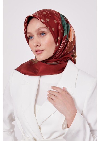 Bordo Lotus Çiçek Desen Twill Ipek Eşarp
