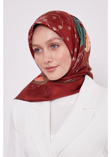 Bordo Lotus Çiçek Desen Twill Ipek Eşarp fiyatları