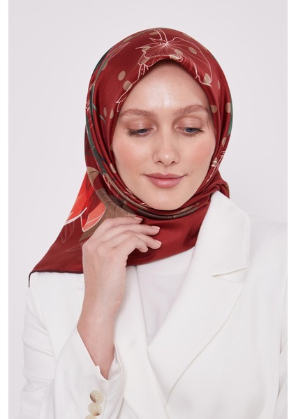 Bordo Lotus Çiçek Desen Twill Ipek Eşarp modelleri