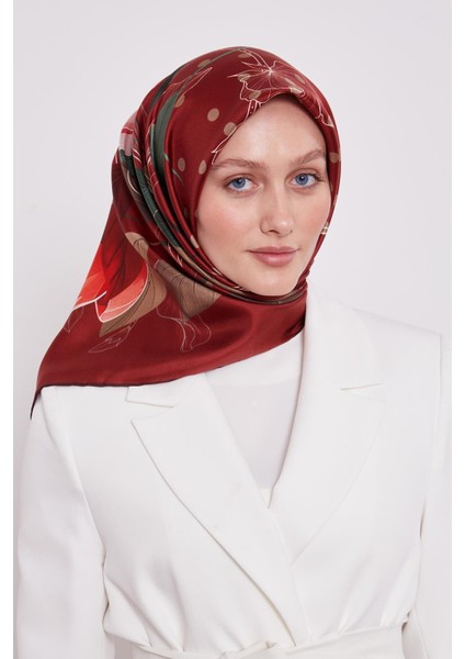 Bordo Lotus Çiçek Desen Twill Ipek Eşarp fırsatları