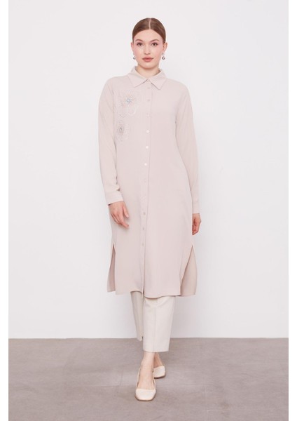 Bej Taş Çiçek Desen Baskılı Tunik