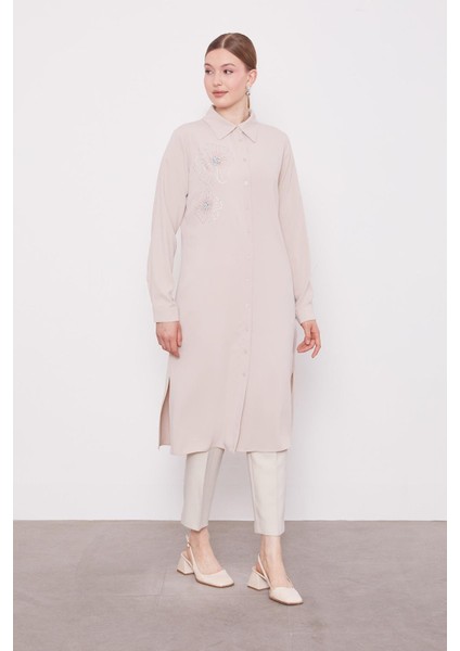 Bej Taş Çiçek Desen Baskılı Tunik fiyatları