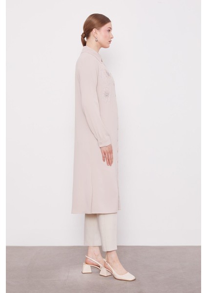 Bej Taş Çiçek Desen Baskılı Tunik modelleri