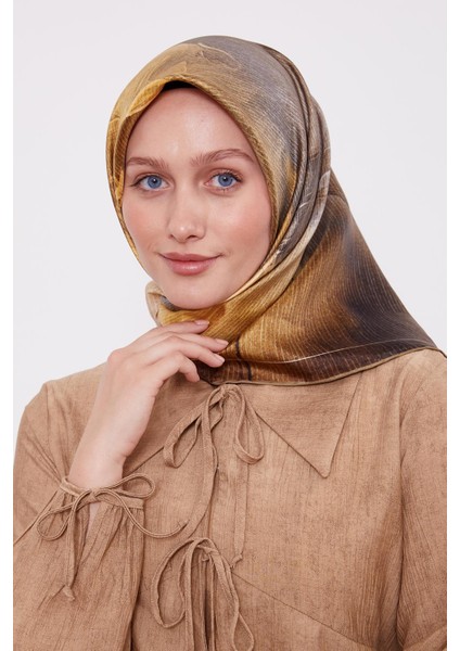 Yağ Yeşili Bohem Geçişli Twill İpek Eşarp modelleri