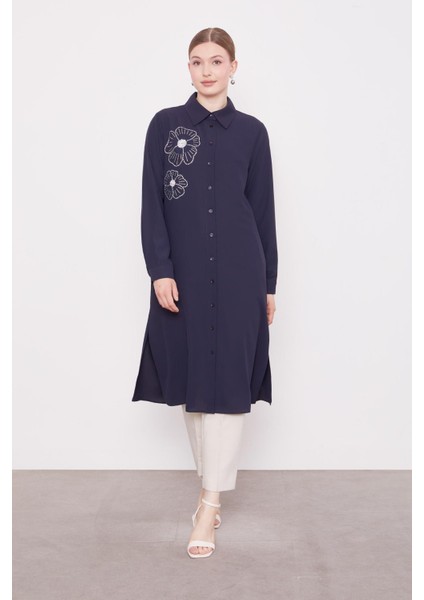 Lacivert Taş Çiçek Desen Baskılı Tunik