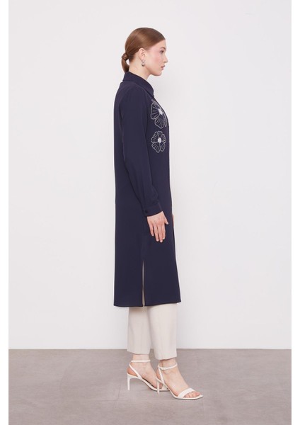 Lacivert Taş Çiçek Desen Baskılı Tunik modelleri