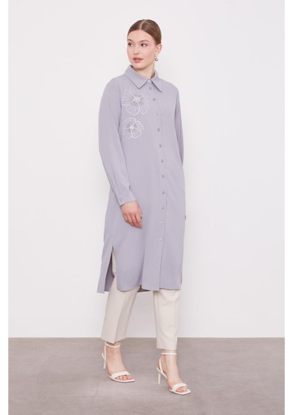 Gri Taş Çiçek Desen Baskılı Tunik