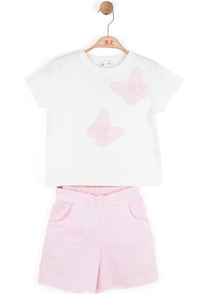 04-08 Yaş Arası Kız Çocuk Pembe Butterfly Şortlu Takım - Pembe-Beyaz