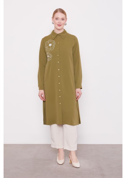 Haki Taş Çiçek Desen Baskılı Tunik