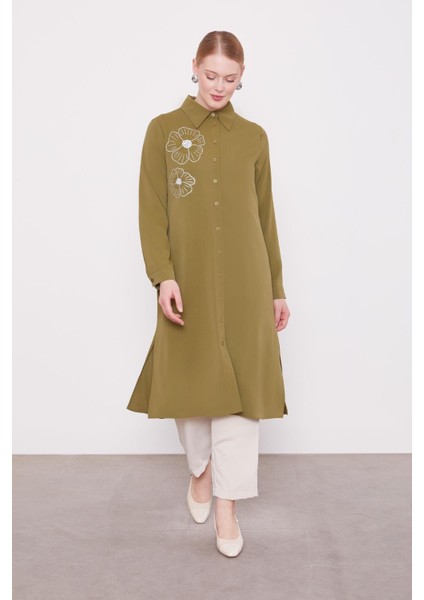Haki Taş Çiçek Desen Baskılı Tunik fiyatları