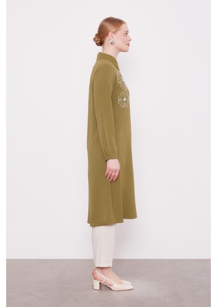 Haki Taş Çiçek Desen Baskılı Tunik modelleri