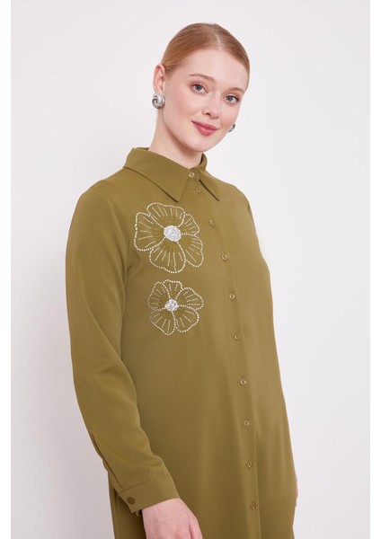 Haki Taş Çiçek Desen Baskılı Tunik fırsatları