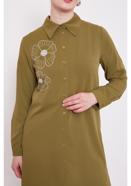 Haki Taş Çiçek Desen Baskılı Tunik indirimleri