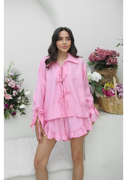 Pembe Etosha Bağlamalı Bluz Şort Takım