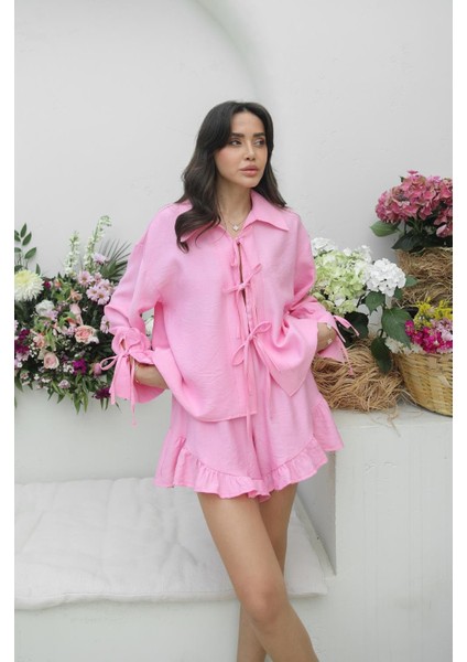 Pembe Etosha Bağlamalı Bluz Şort Takım