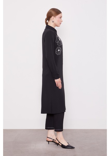 Siyah Taş Çiçek Desen Baskılı Tunik modelleri