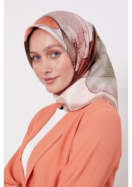 Pudra Kesik Çiçek Desen Twill Ipek Eşarp