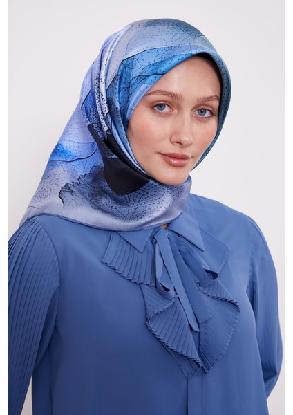 Bebe Mavisi Kesik Çiçek Desen Twill Ipek Eşarp modelleri