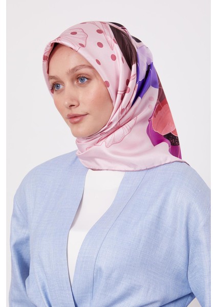 Pembe Lotus Çiçek Desen Twill Ipek Eşarp