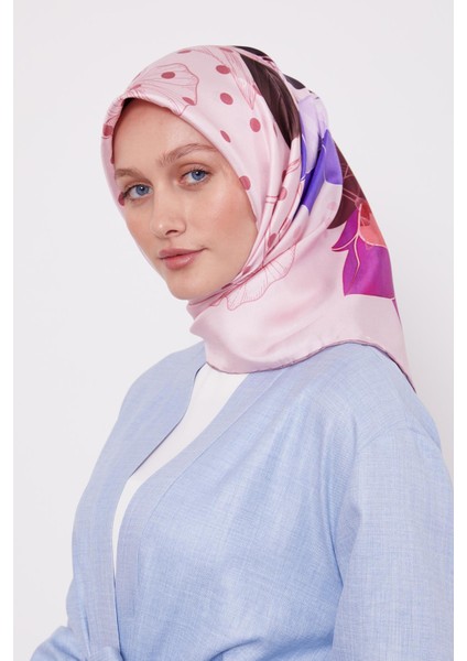 Pembe Lotus Çiçek Desen Twill Ipek Eşarp modelleri