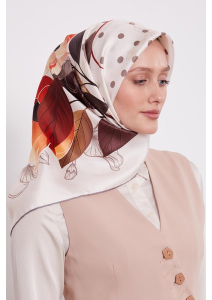 Bej Lotus Çiçek Desen Twill Ipek Eşarp