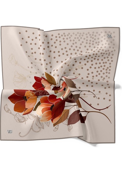 Bej Lotus Çiçek Desen Twill Ipek Eşarp