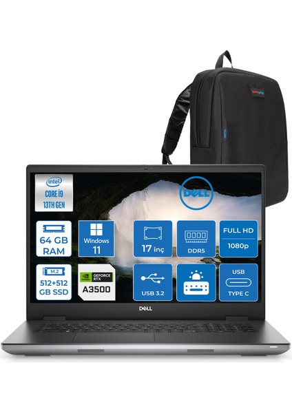 Precision M7780 Intel I9-13950HX 64GB Ddr5 512GB+5122GB SSD 12GB/RTXA3500 17.3" Fhd 500NITS Windows 11 Pro Taşınabilir Workstation XCTOP7780EMEA350018+ZETTAÇANTA
