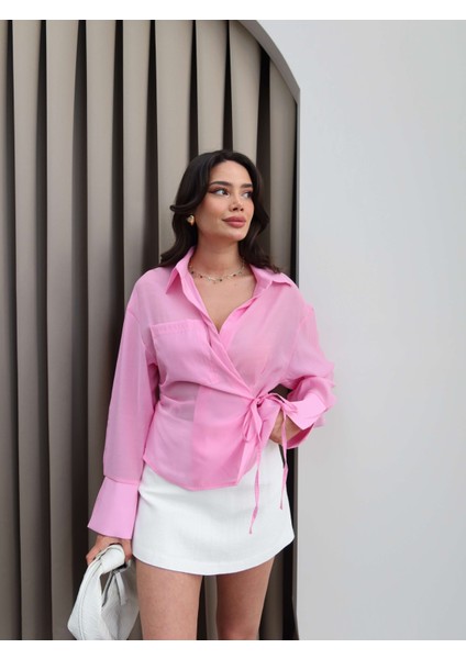 Kruvaze Bağlamalı Transparan Gömlek