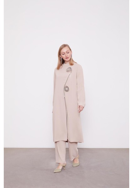 Koyu Bej Gül Taş Detaylı Tunik Takım