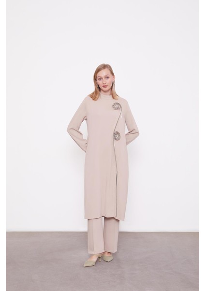 Koyu Bej Gül Taş Detaylı Tunik Takım fiyatları