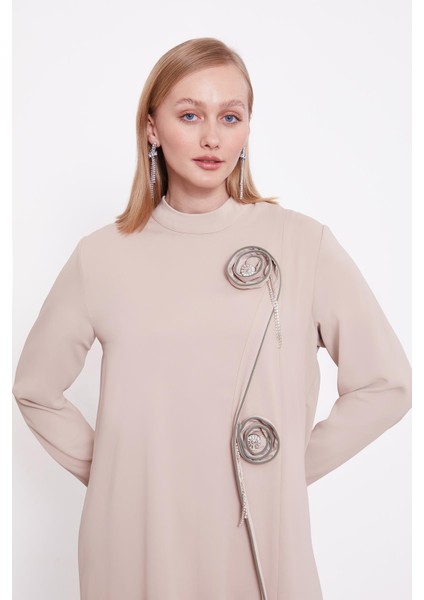 Koyu Bej Gül Taş Detaylı Tunik Takım fırsatları