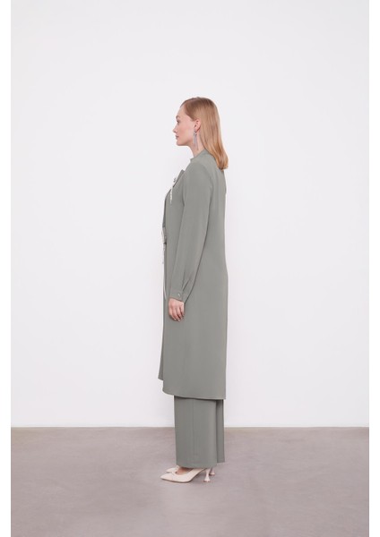 Haki Gül Taş Detaylı Tunik Takım modelleri