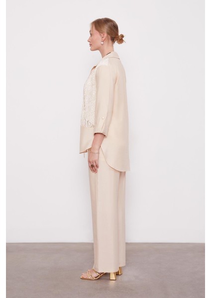 Bej Dantel Detaylı Üçlü Ceket Takım modelleri