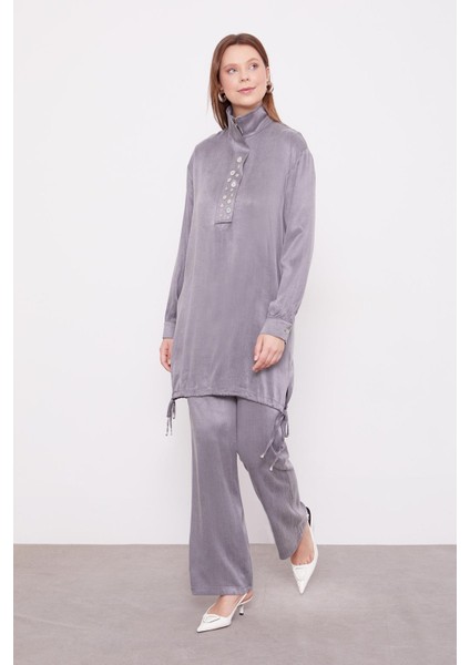 Antrasit Dik Yaka Düğme Detaylı Cupra Ikili Takım