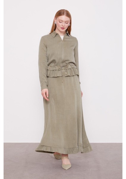 Haki Fırfır Detaylı Cupra Etek Takım