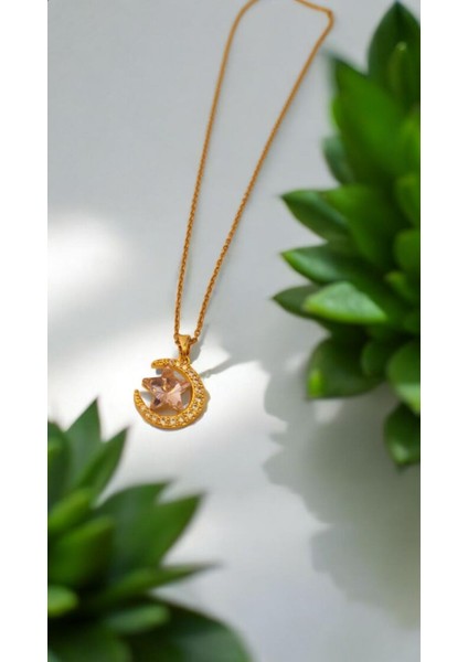 Premium Paslanmaz Çelik Ay ve Pembe Yıldız Gold Kolye