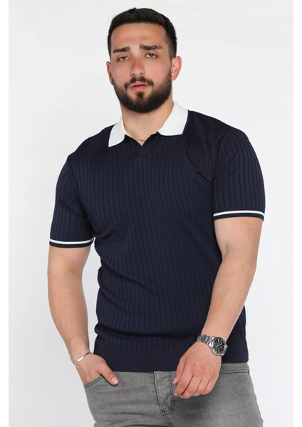 Erkek Polo Yaka Kendinden Çizgi Desenli Triko Tişört P-00016750