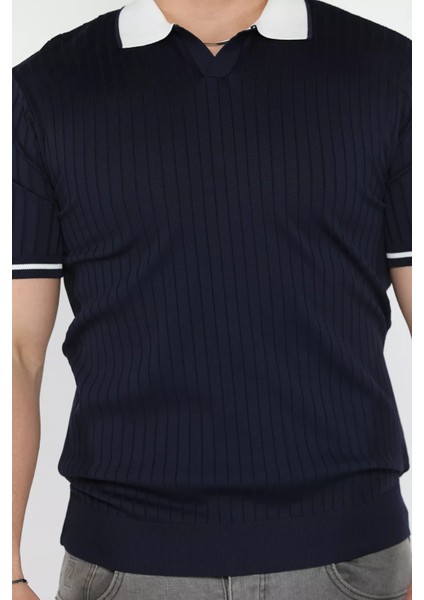 Erkek Polo Yaka Kendinden Çizgi Desenli Triko Tişört P-00016750 fırsatları
