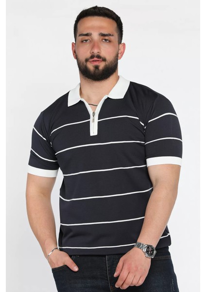 Erkek Polo Yaka Yarım Fermuarlı Çizgi Desenli Triko Tişört P-00016752