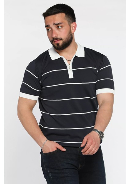 Erkek Polo Yaka Yarım Fermuarlı Çizgi Desenli Triko Tişört P-00016752 fiyatları