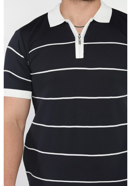 Erkek Polo Yaka Yarım Fermuarlı Çizgi Desenli Triko Tişört P-00016752 fırsatları