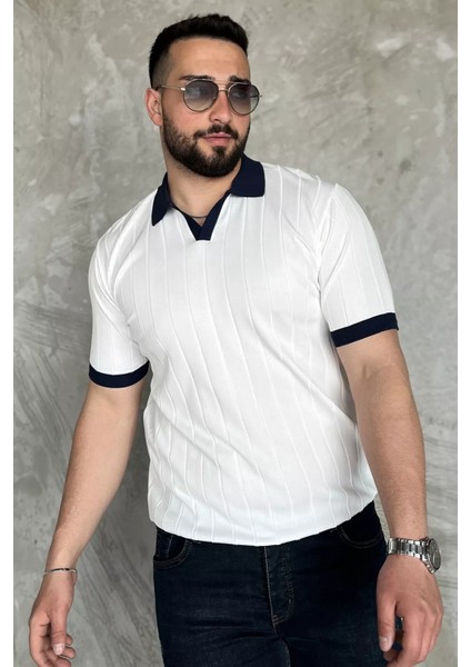Erkek Polo Yaka Kendinden Çizgi Desenli Renk Garnili Triko Tişört P-00016875