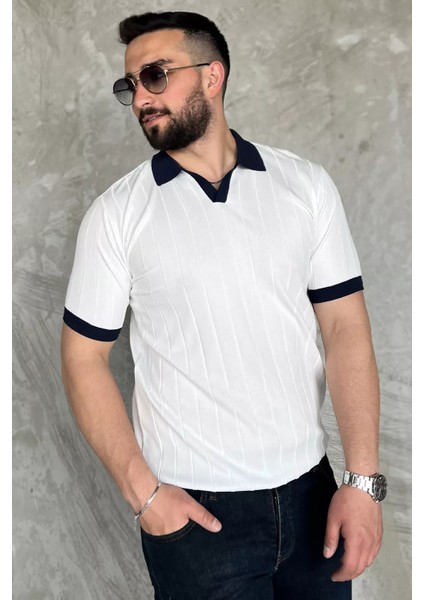 Erkek Polo Yaka Kendinden Çizgi Desenli Renk Garnili Triko Tişört P-00016875 fiyatları