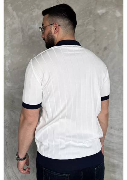 Erkek Polo Yaka Kendinden Çizgi Desenli Renk Garnili Triko Tişört P-00016875 modelleri