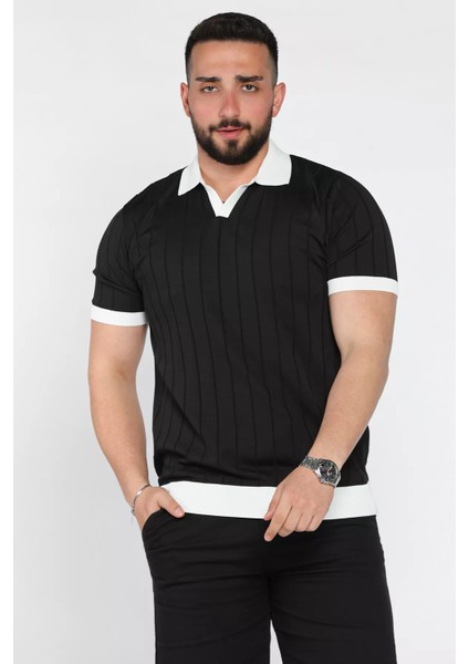 Erkek Polo Yaka Kendinden Çizgi Desenli Renk Garnili Triko Tişört P-00016875