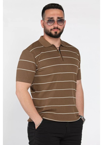 Erkek Polo Yaka Yarım Fermuarlı Çizgi Desenli Triko Tişört P-00016876