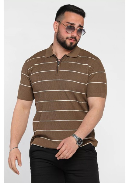 Erkek Polo Yaka Yarım Fermuarlı Çizgi Desenli Triko Tişört P-00016876 fiyatları