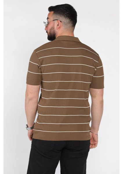 Erkek Polo Yaka Yarım Fermuarlı Çizgi Desenli Triko Tişört P-00016876 modelleri