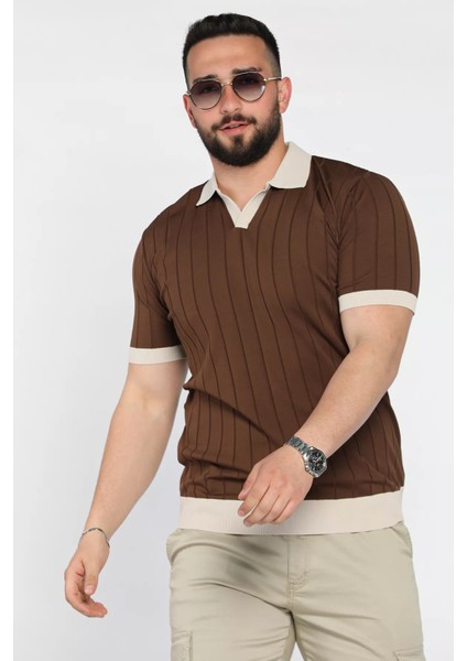 Erkek Polo Yaka Kendinden Çizgi Desenli Renk Garnili Triko Tişört P-00016875