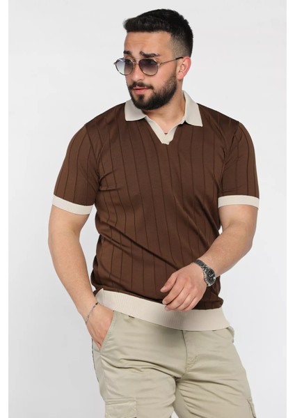 Erkek Polo Yaka Kendinden Çizgi Desenli Renk Garnili Triko Tişört P-00016875 fiyatları